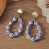 Retro Blue & White Porcelain Beaded Hoop Earrings - Smooth, Slightly Curved Studs for Spring/Summer 2025
