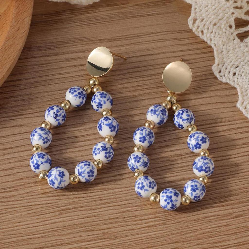 Retro Blue & White Porcelain Beaded Hoop Earrings - Smooth, Slightly Curved Studs for Spring/Summer 2025