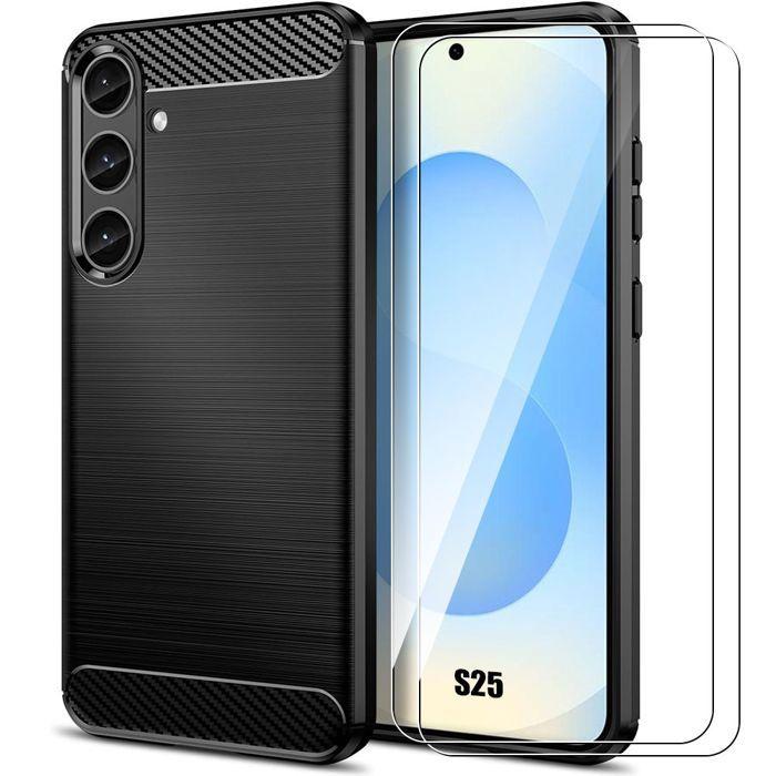Coque de protection - BOOLING - Samsung Galaxy S25 - Silicone Noir - Effet Fibre Carbone - 2 Verres Trempés
