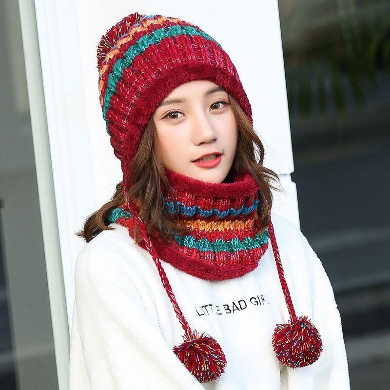 Hat Female Autumn Winter Trendy Versatile Fleece Knitted Wool Hat British Pullover Warm Ear Protector Scarf Hat Female