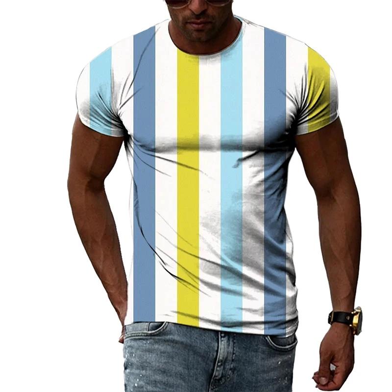 Fashionable New Vertical Stripe Pattern Men's T-shirt Casual Personality Cool Printed Short Sleeved Minimalist O-neck Top