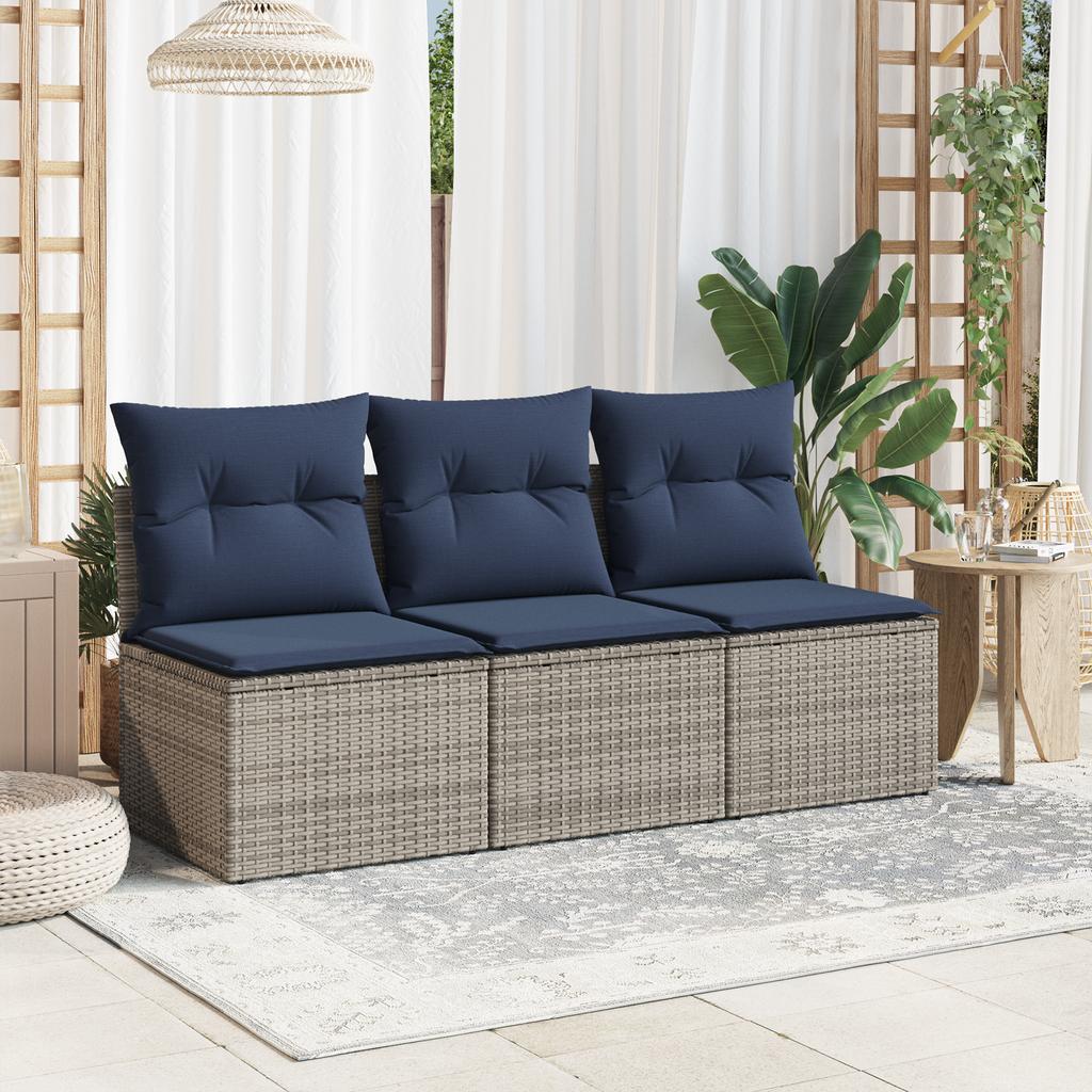 Garden Sofa with Cushions 3 Seater Gray Poly Rattan