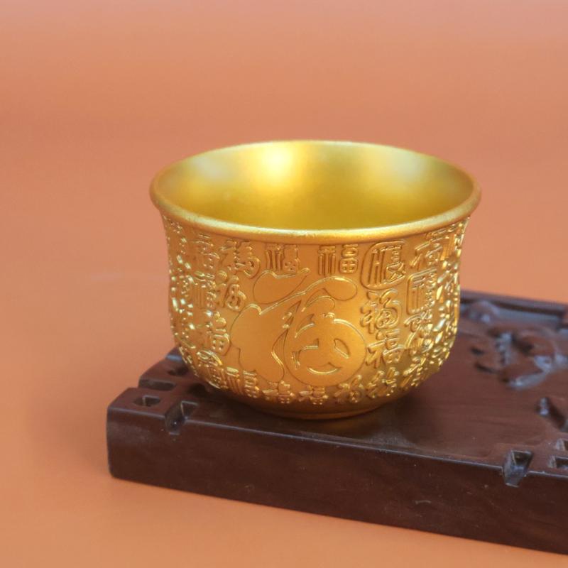 1Pcs Brass Fu Bowl Desktop Lucky Decor Hand Carved Brass Drinking Cup Treasure Bowl Metal Artifact Gifts