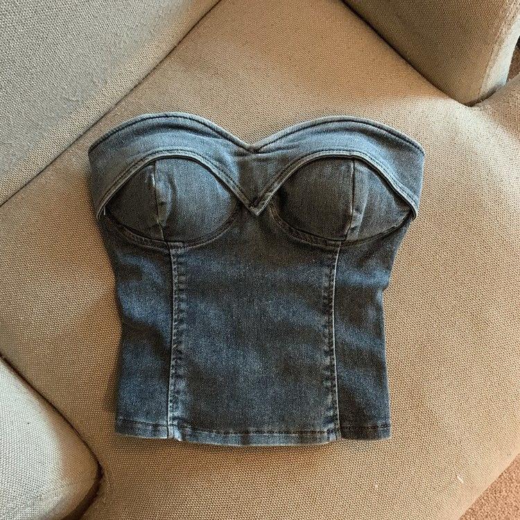 Trendiges Retro-Farben-Denim-Bandeau mit einem Träger: Damen Cooles & Vielseitiges Cropped Top Sommer 2026