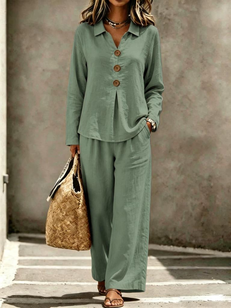 1116 Europäische und amerikanische Damen neue Mode lässig Knopf Polokragen Langarm Hose zweiteiliges Set