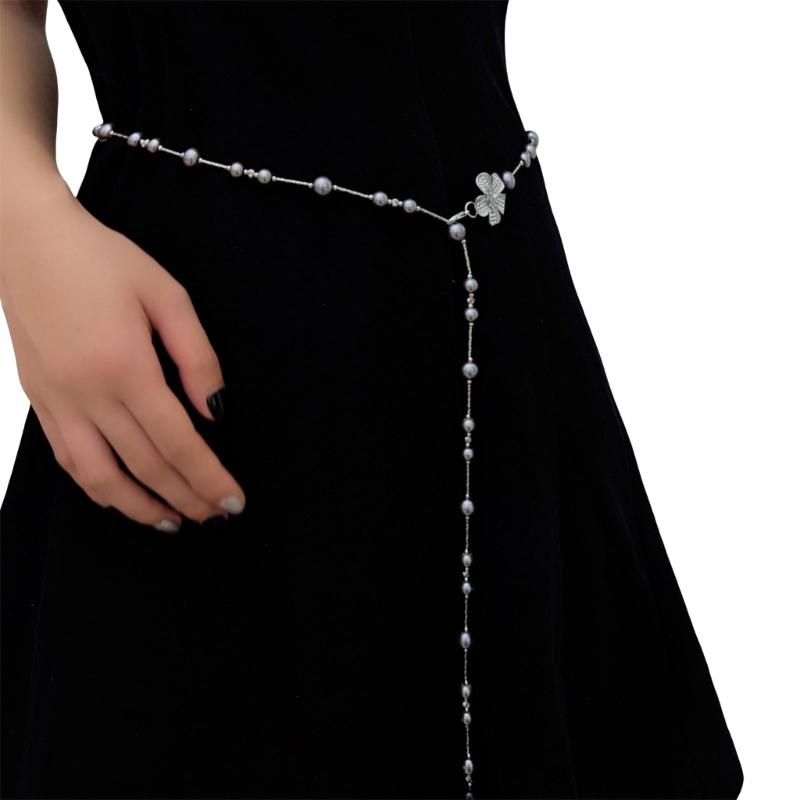 Adjustable Metallic Waist Belt Chain Necklace Adorned with Delicate Pearls for Dresses Evening Outfits or Casual Style