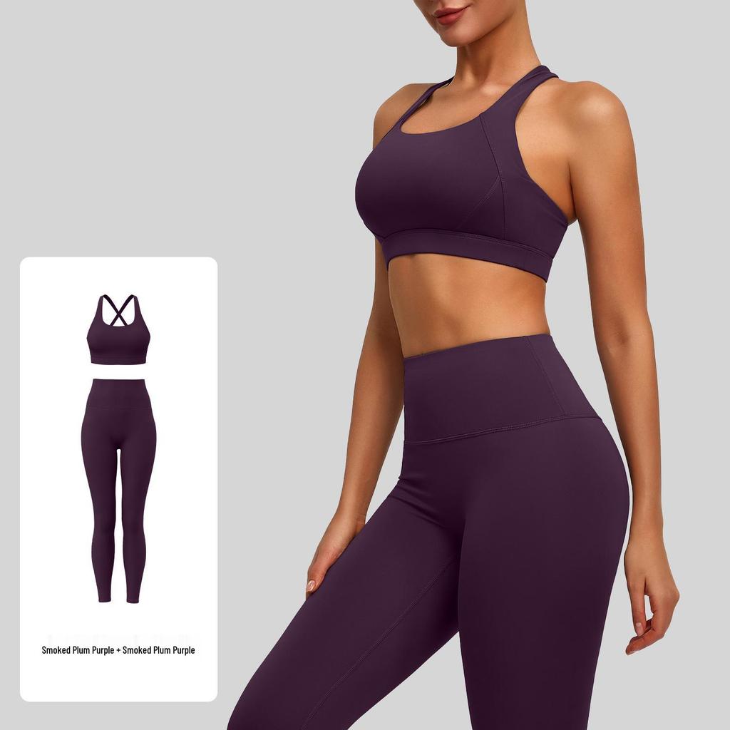 Set de Yoga cu Sutien Sport din Nailon Rezistent la Șocuri, Față-Spate și Pantaloni pe Nouă Puncte pentru Femei