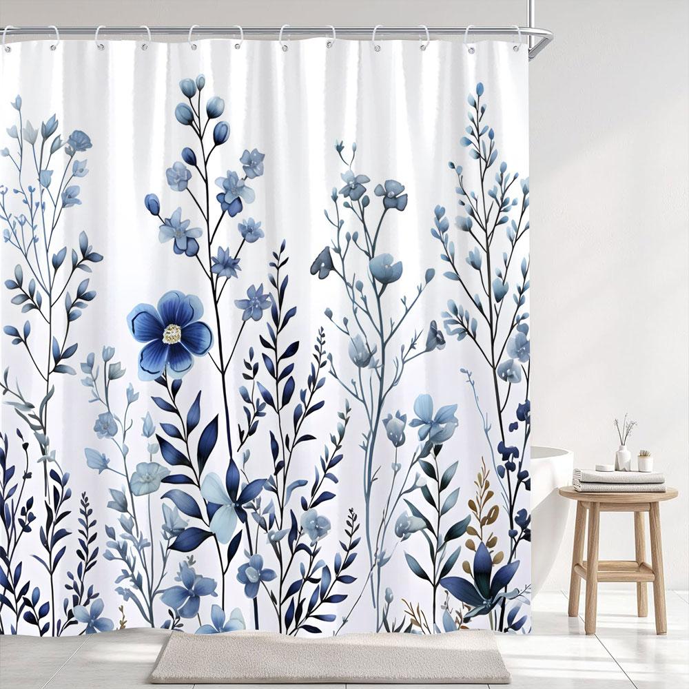 Simple Watercolour Floral Shower Curtain Blue Flower Yellow Grey Botanical Flower Polyester Fabric Shower Curtain Bathroom Decor 90x180cm