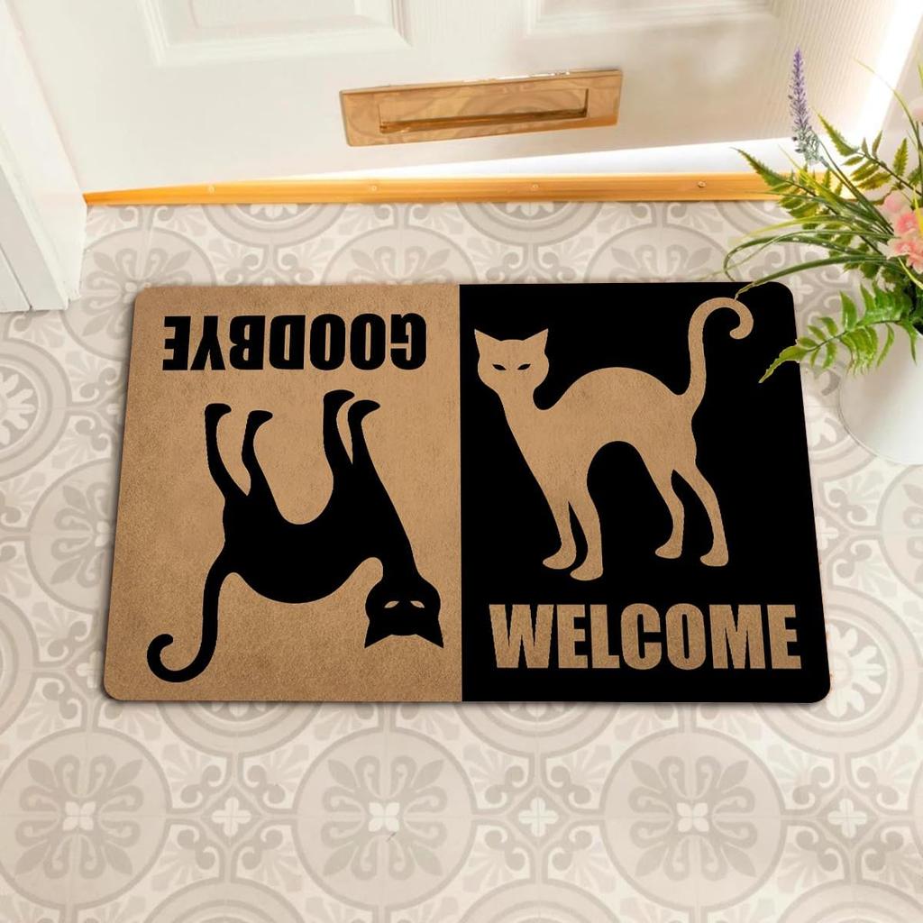 Welcome Goodbye Black Cat Dual-Sided Porch Decor Mat Doormat Rubber Kitchen Floor Mat Non-Slip Carpet Entrance Rug