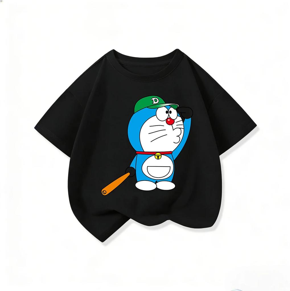 Cute Children's Short-Sleeve T-Shirt, Cute Doraemon Crew Neck, Everyday Casual Summer Kids' Clothing