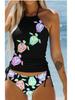 23-Year Coconut Tree Print Halter Neck Tie-Up Tummy Control Plus Size Women's Bikini