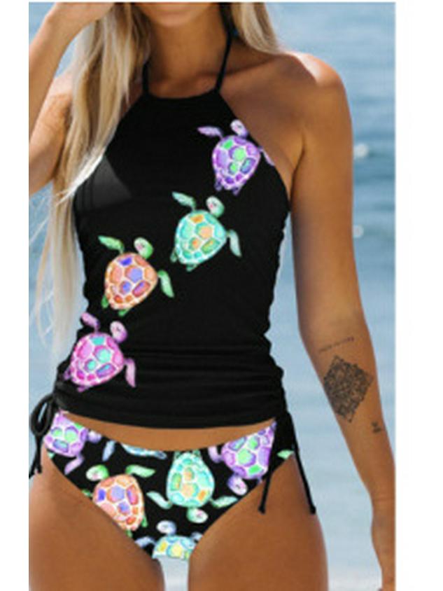 23-Year Coconut Tree Print Halter Neck Tie-Up Tummy Control Plus Size Women's Bikini