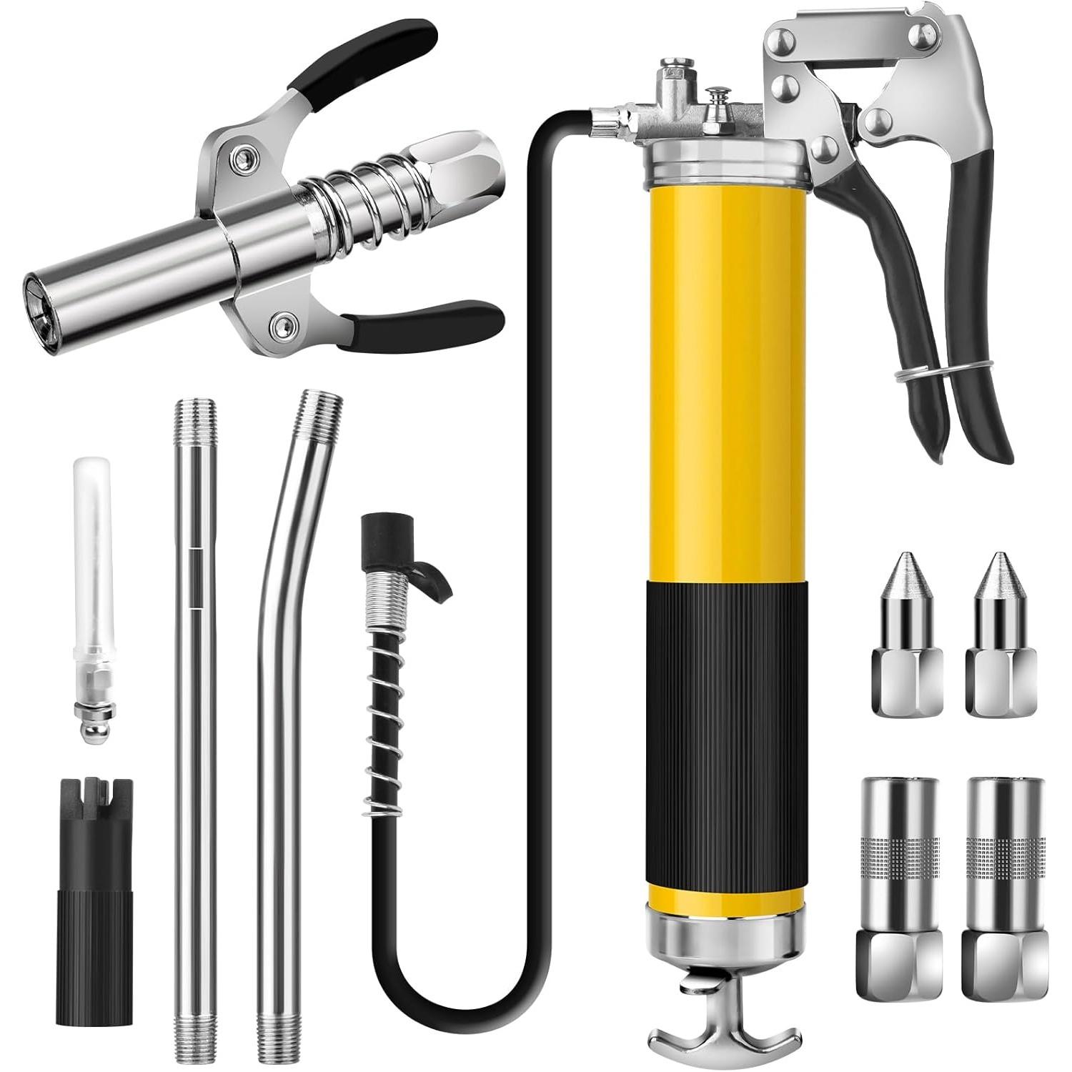 Grease Gun Kits with Hose and Coupler 8000 PSI Heavy Duty Pistol Grip Grease Gun for 14 Oz Grease Tube Includes Locking Nozzle Needle Tip and Zerk жёлтый