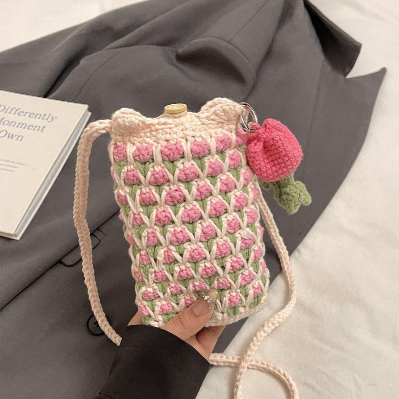 

2025 New Crossbody Small Bag Mobile Phone Bag Minority All-Match Tulip Wool Hand-Woven Finished Product for Girlfriend Pink finished bag [send pendant]]