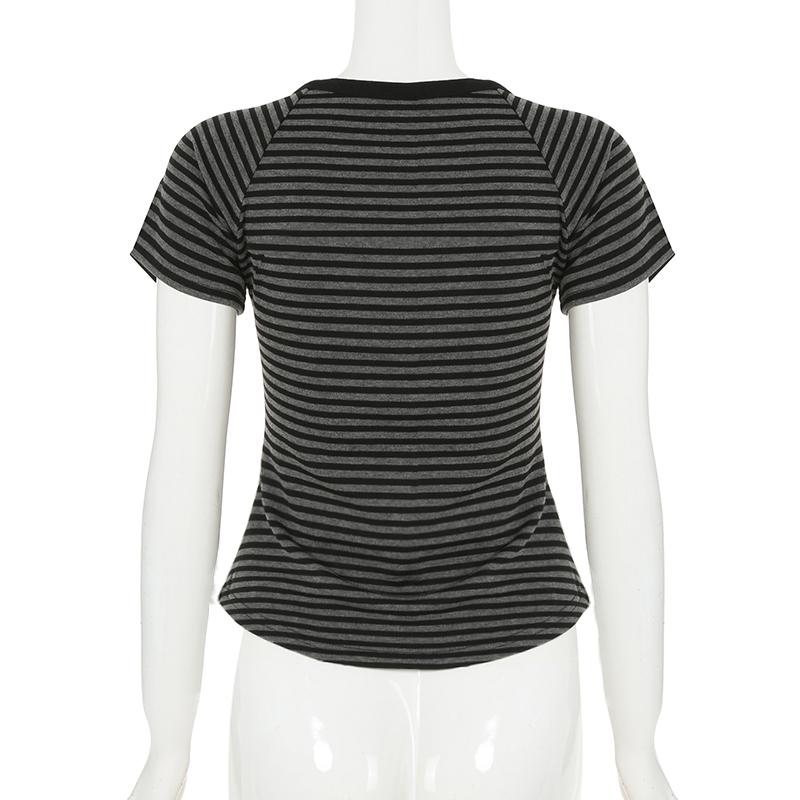 VAYLA Korean Fashion Striped V-Neck With Buttons Slimming T-shirts Women's Summer Short Sleeve Top Tees Y2K Aesthetics New