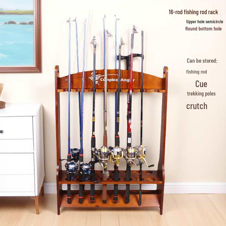 16-Position Solid Wood Fishing and Billiard Cue Rack for Rods and Cues - Tackle Display Stand