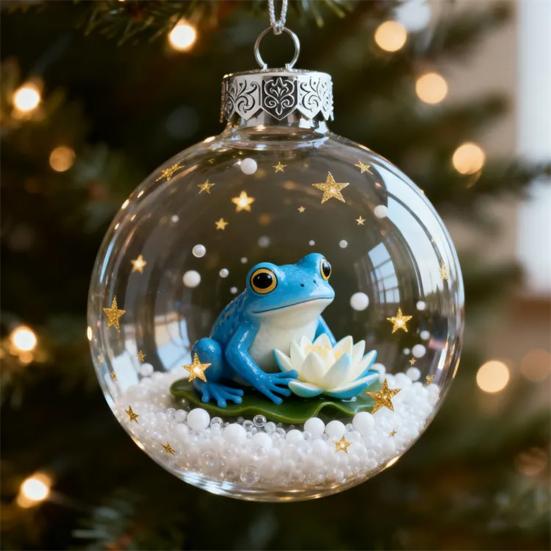 Frog Christmas Ornament Clear Plastic Xmas Hanging Ball with 3D Frog Ornament Holiday Keepsake