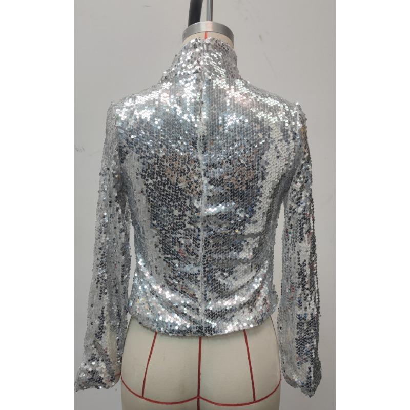 Women's Summer High Neck Temperament Sequins Long Sleeve Top