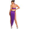 Womens Fringed Dance Outfit Halter Top Lace Up Gold Trim Crop Top Irregular Hem Slit Tiered Skirt