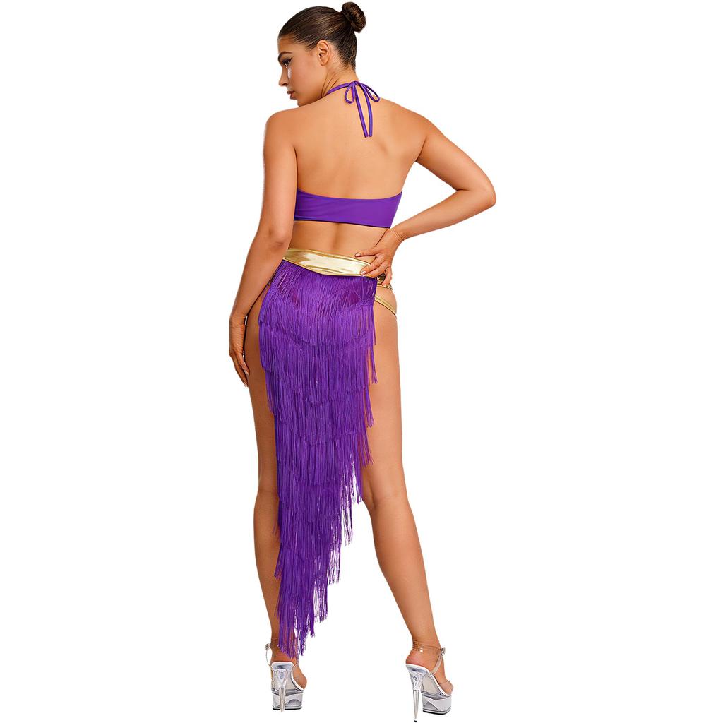 Womens Fringed Dance Outfit Halter Top Lace Up Gold Trim Crop Top Irregular Hem Slit Tiered Skirt