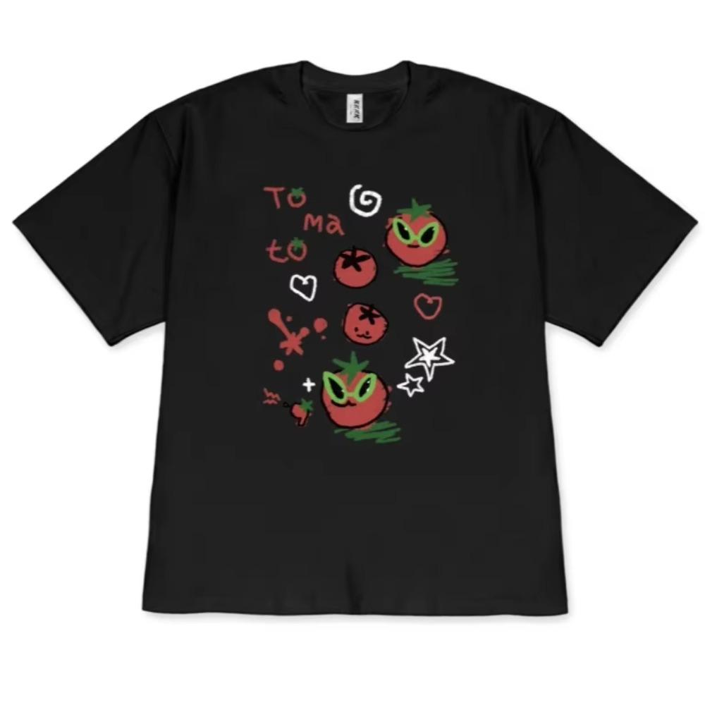 Colorful Hand Drawn Doodle Tomato Graphic T-Shirt, Cute Tomato Print Tee, Aesthetic Food Shirt Daily Wear Cool Top