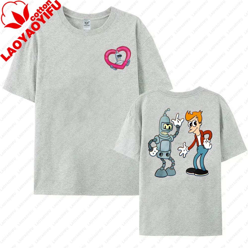 Funny Futurama Tees Robot and Boy Cartoon Design Unisex Cotton TShirt Casual Summer Wear Trendy Graphic Tee for Unisex Women