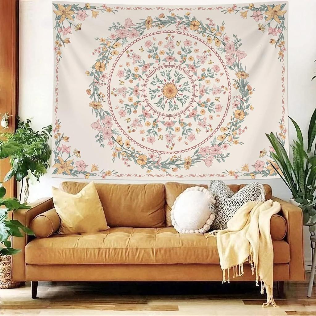 Bohemian Tapestry Wall Hanging, Beige Pink Floral Tapestry With Wild Flower Medallion Print Bedroom Boho Home Decor,White Wreath