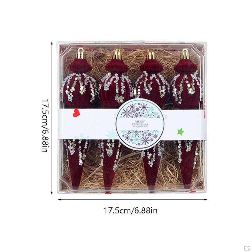 4 Pieces Christmas Tree Icicle Ornaments Flocked Ornament Set Velvet with Sequins