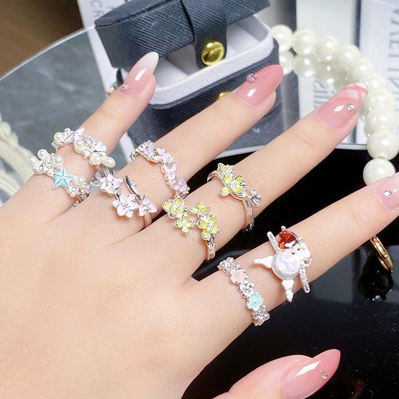Anello Apribile Stella Marina Fiore Stile Dolce Ragazza Smalto Zircone Moda Donna Anello di Nicchia Raffinato Stile Straniero