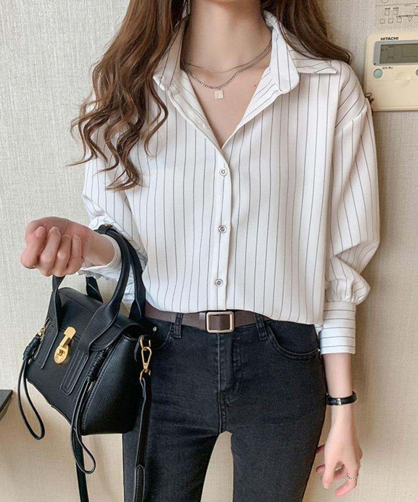 Pangenee Beautiful Striped Blouse with Office Top for and Fall 3/4 Sleeves, Soft, Slimming, Elegant, Women, Spring, Summer, (Size L, White)