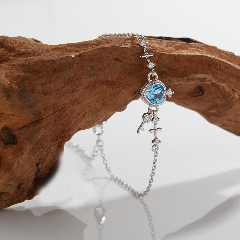 S925 Sterling Silver Inlaid With Natural Garnet Colored Treasure Topaz Love Lock Bracelet Women'S High-End Jewelry