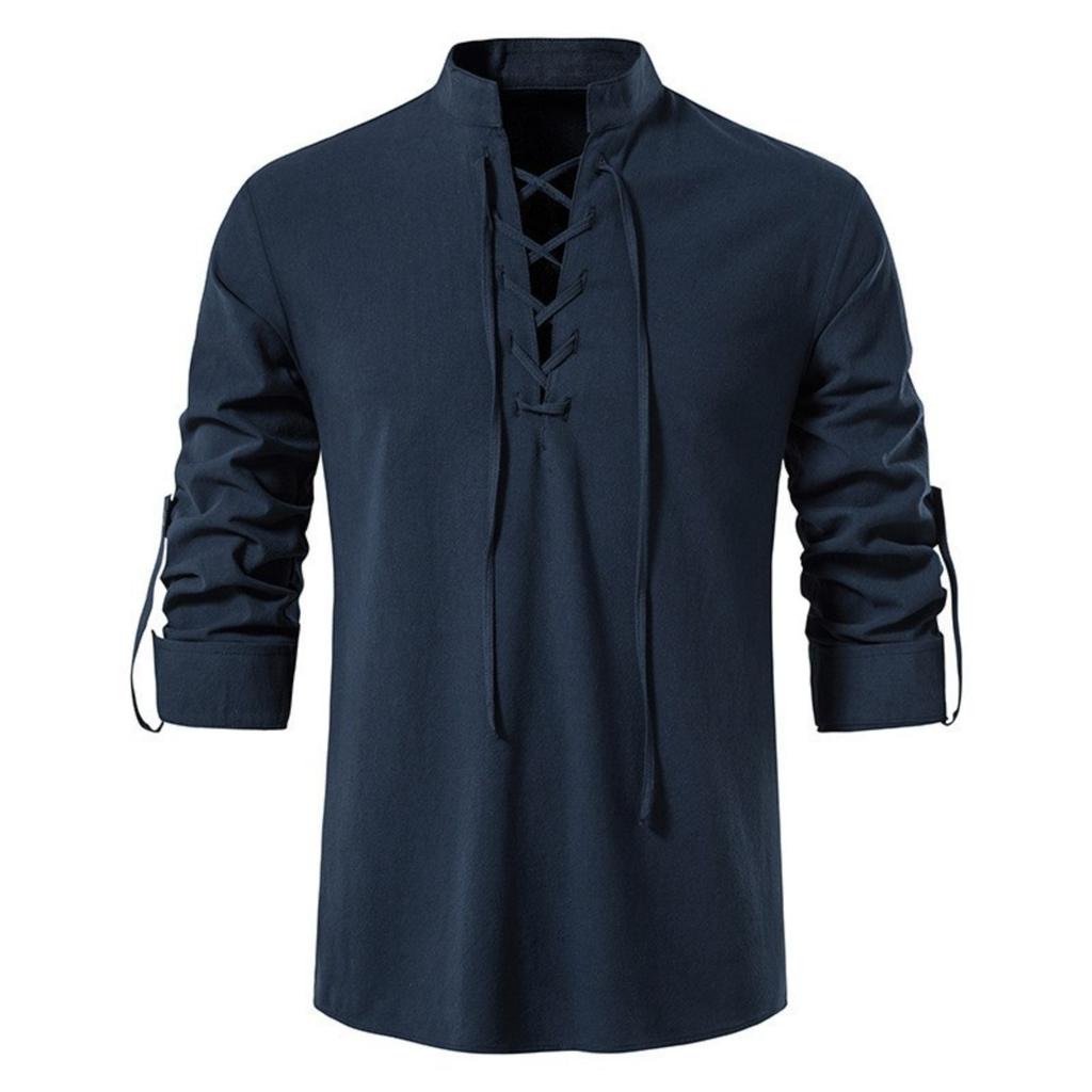 Herren Stehkragen Langarmhemd Baumwolle Henleys Shirt Hippie Lässig Strandhemd