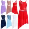 Girls Lyrical Dance Dress Sleeveless Shiny Rhinestones Flower Pattern Asymmetrical Side Slit Performance Gown