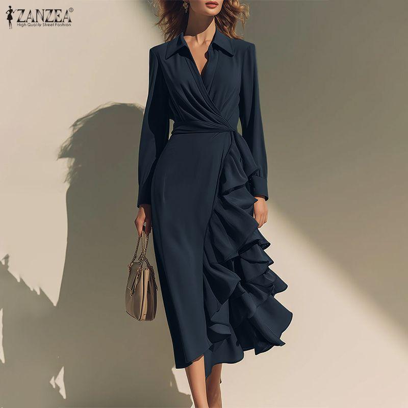 Down Casual Turn Women Zanzea Collar Long Sleeve Ruffles Dress