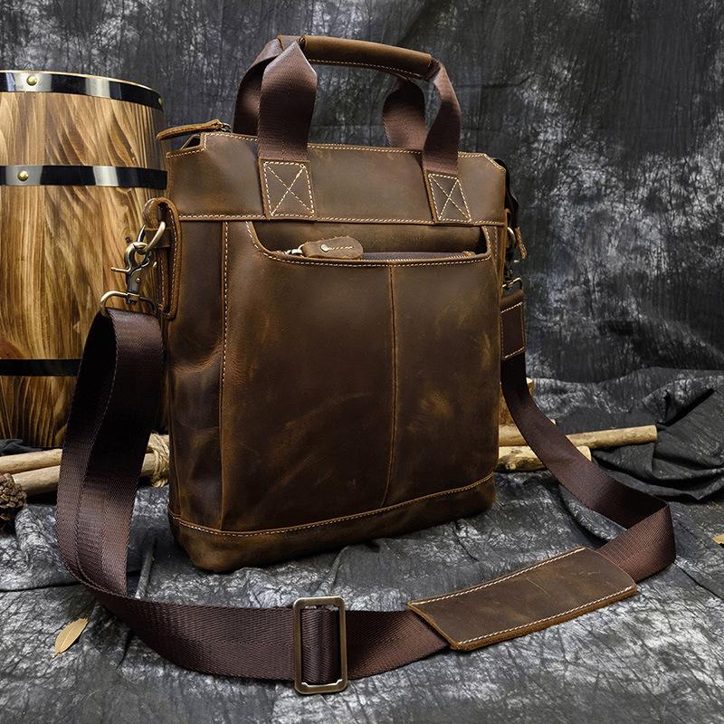 Men'S Leather Handbag Vertical Crazy Horse Leather A4 Briefcase Casual Bag Business Messenger Bag Retro Shoulder Bag