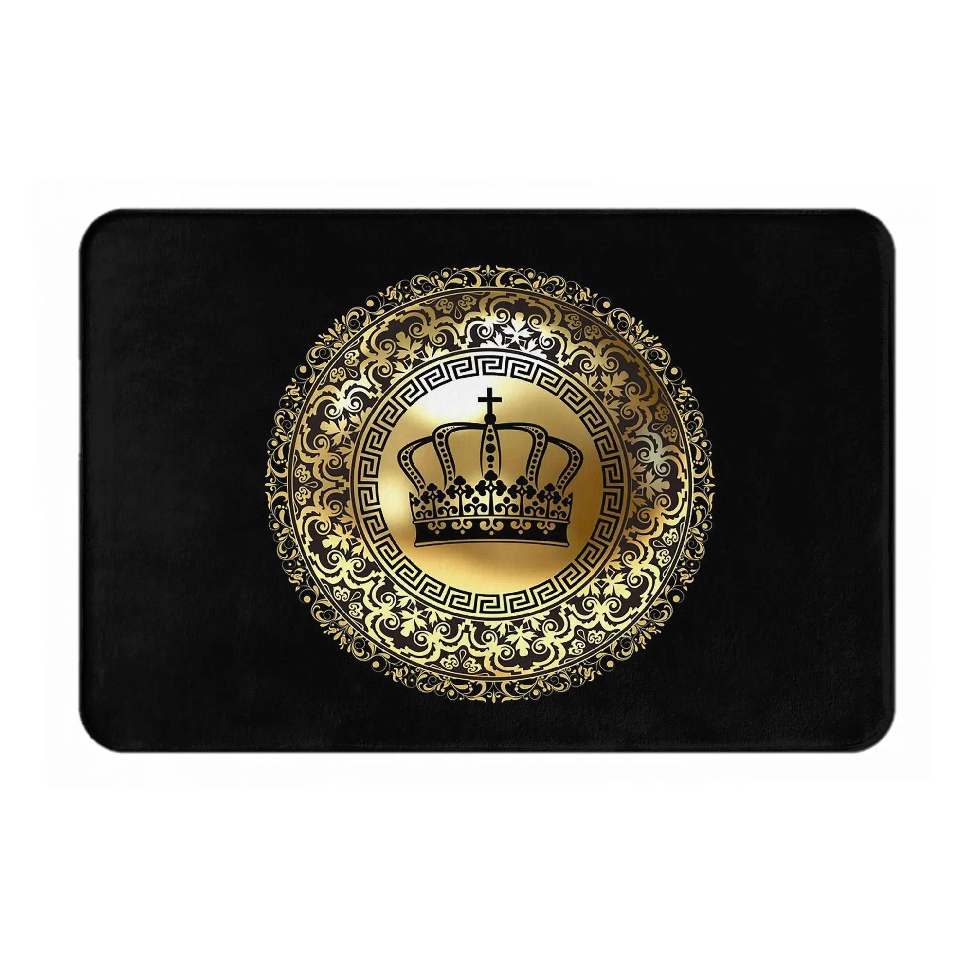 

Ornate Baroque Crown Black Gold Greek Key Anti-slip Doormat Floor Mat Carpet Rug for Kitchen Entrance Home Bedroom Footpad Mats 40x60cm