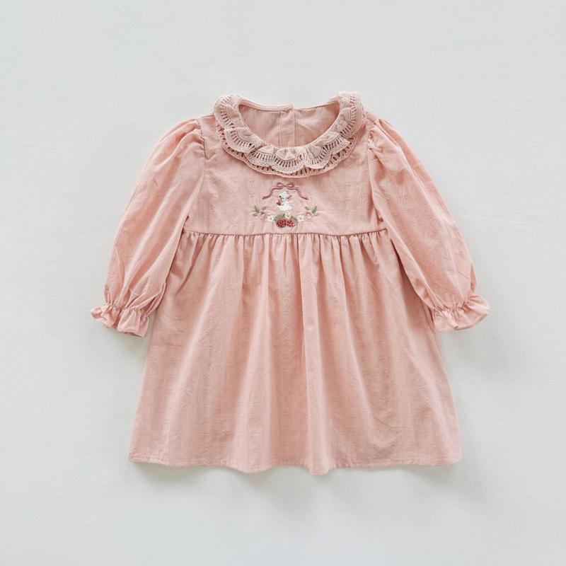 Spring Girls Cartoon Embroidered Ruffle Collar Jacquard Cotton Princess Dress 140cm