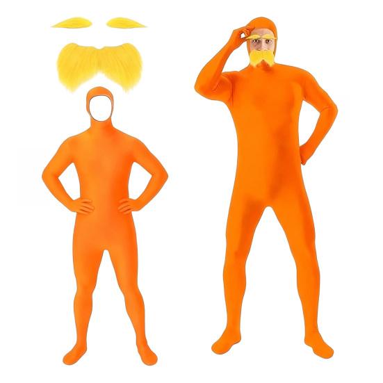 Xiaobudian Face Open Halloween Costume, Unisex Full Body Orange Bodysuit with Beard Eyebrows for Men Women, Adult Stretchy Cosplay Jumpsuit Party