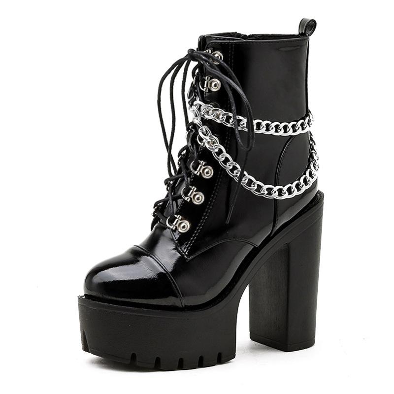

Модные готические панк ботинки Модные лакированные короткие ботинки Дизайн с металлической цепочкой Ботинки на высоком каблуке для женщин Ботильоны на толстом каблуке с боковой молнией 35 чёрный