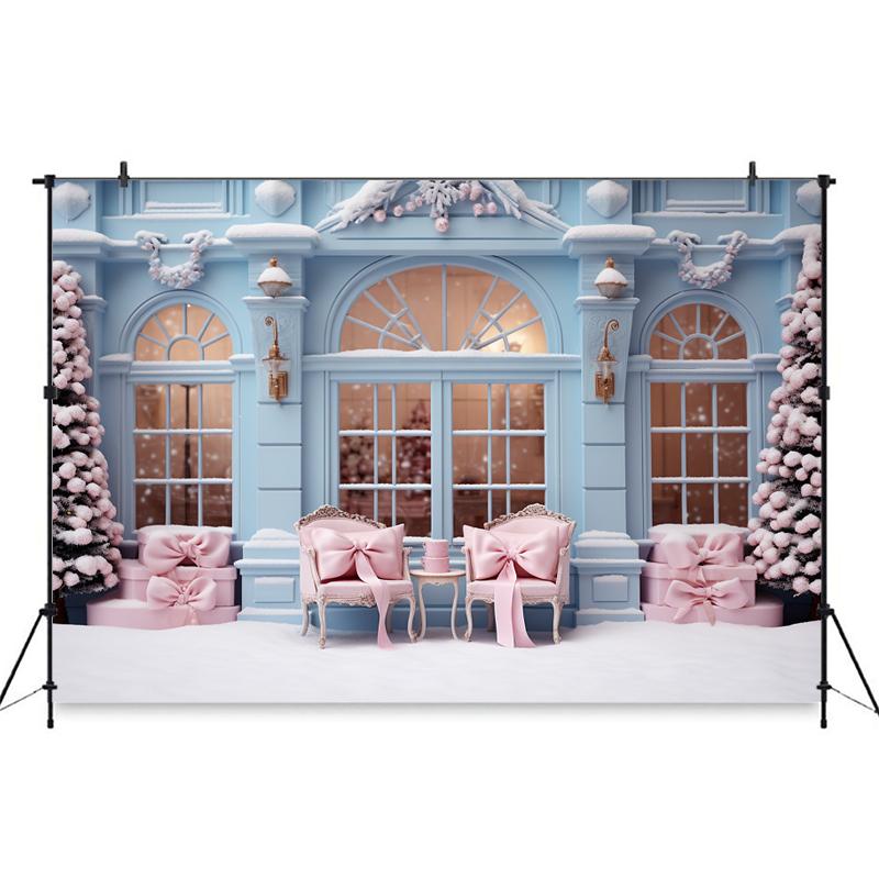 Mocsicka Christmas Backdrop Photography House Pink Bow Xmas Tree Snow Decorations Family Party Child Photo Backgrounds Wallpaper166