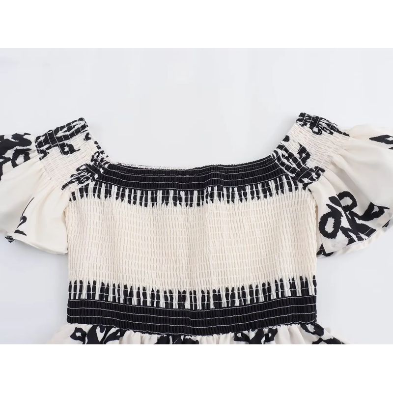 Jnleaog Autumn New Women's Clothing Fashion Style French Fashion All-Match Print Smocking off-Shoulder Dress