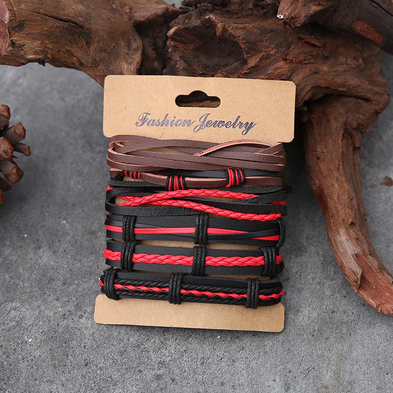 

Трендовий набір багатошарових браслетів ручної роботи зі шкіри та плетених елементів - 6 штук