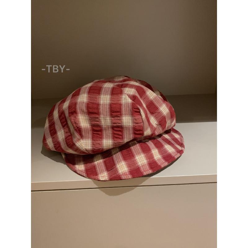 Retro Plaid Beret Women's Plaid College Style Painter's Hat Showing Face Small Big Head Circumference Cloud Octagonal Hat