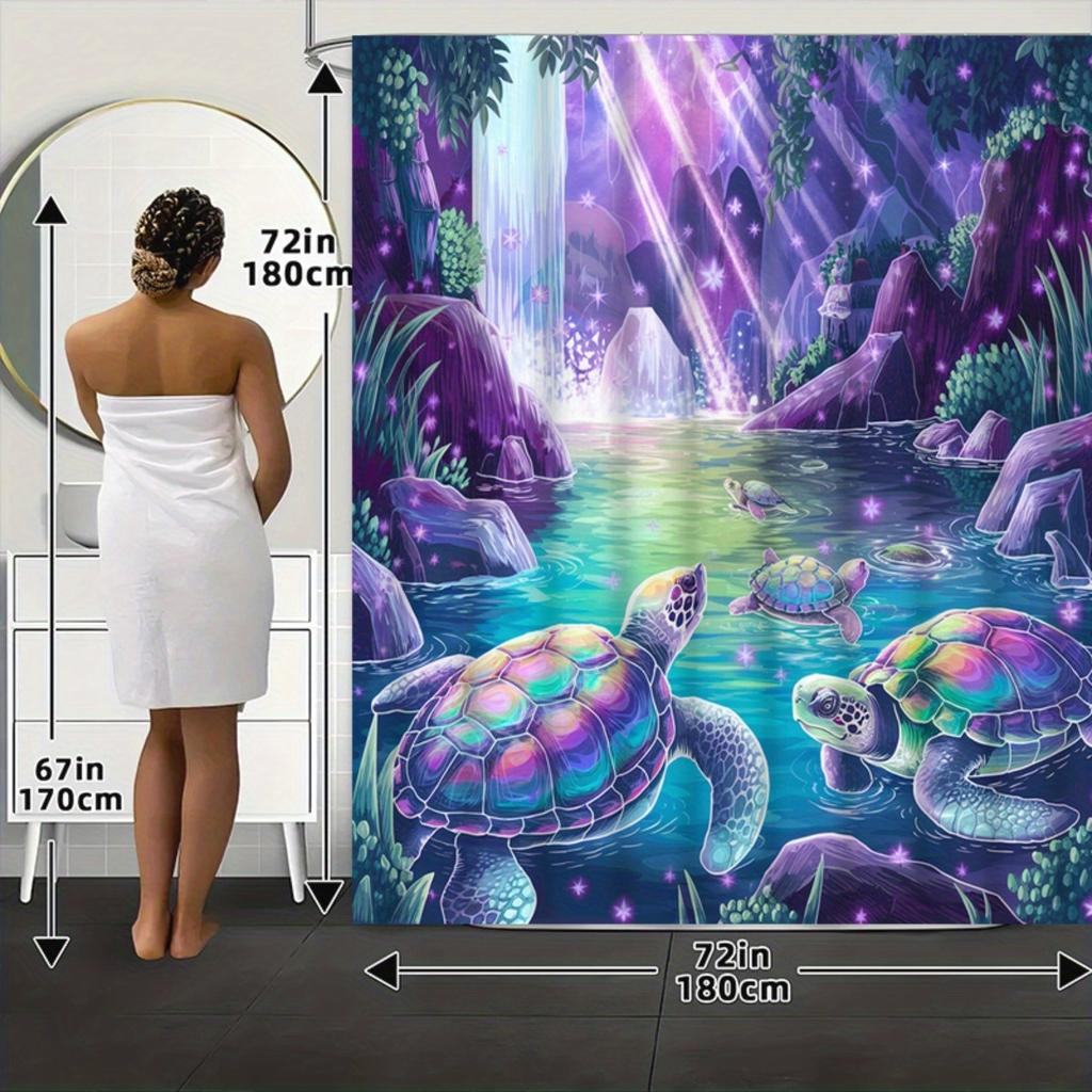 3D Schildkröte Duschvorhang Bunte Meeresschildkröten Magische Wasserfall Szene Kosmische Natur Kunst Ruhig Modern Dekor Wasserdicht Bedruckt