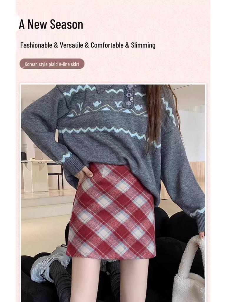 Women's 2025 Retro High-Waist Wool Blend Plaid Mini Skirt - Petite Bodycon A-Line for Autumn/Winter