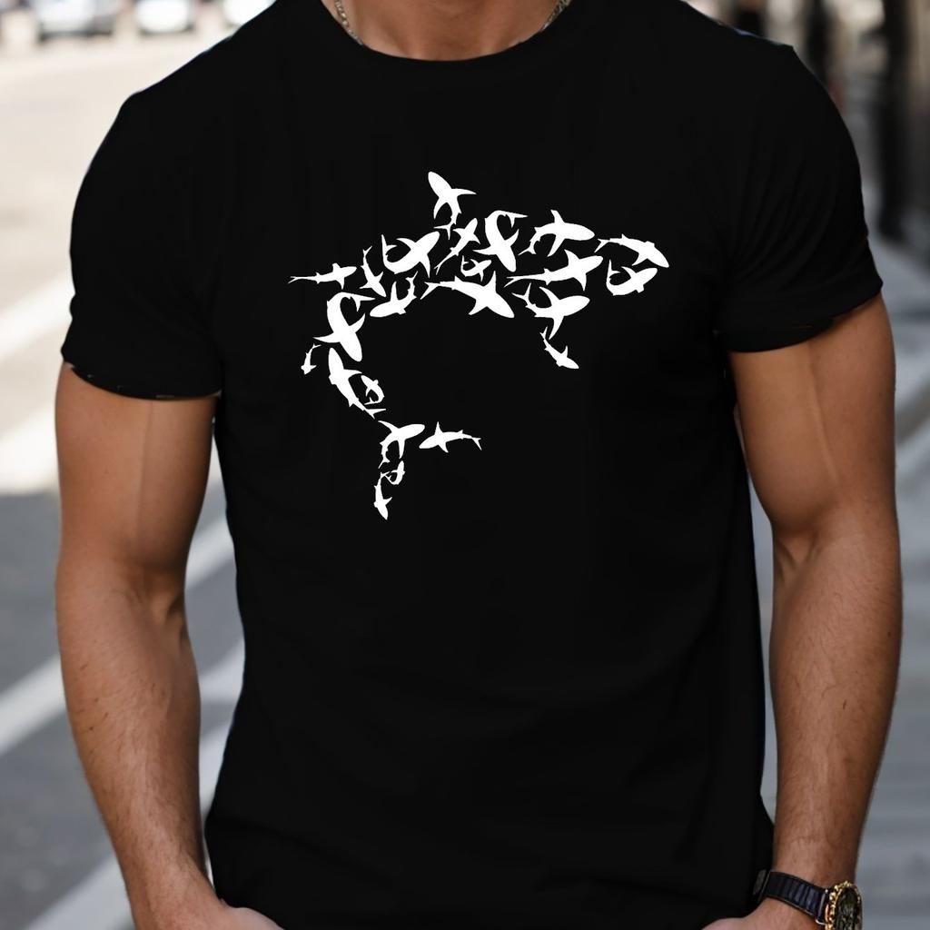 2D trendy high-quality print 2025 summer fashion fitness small fish graffiti black and white pure cotton short-sleeved T-shirt