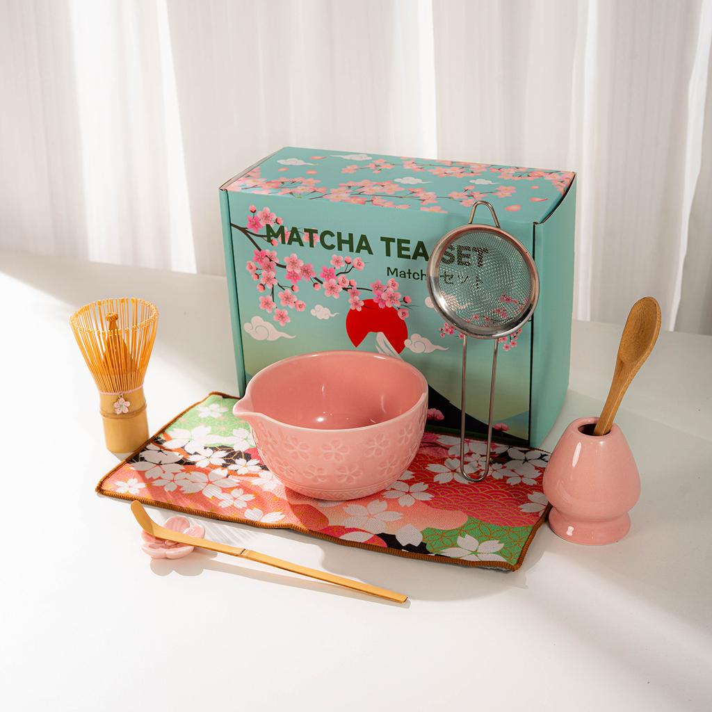 Japanese Matcha Tea Set With Cherry Blossom Pattern, Bamboo Whisk, Ceramic Matcha Bowl, Matcha Making Kit, Tea Utensils Set Gift
