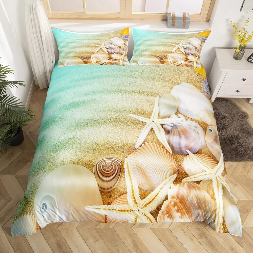 Hawaii Vacation Beach Duvet Cover Cartoon Surfing Quilt Cover Microfiber Tropical Palm Tree Starfish Ocean Landscape Bedding Set