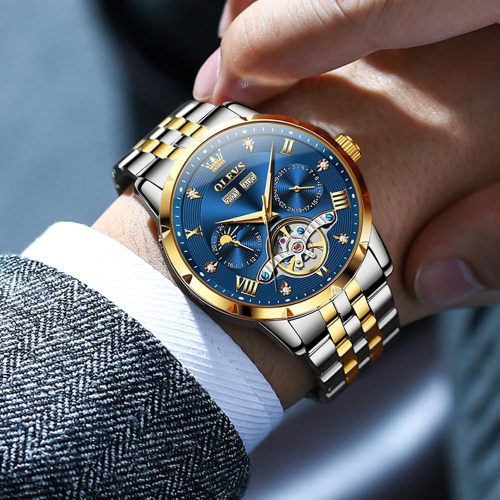OLEVS Men's Mechanical Automatic Moon Phase Skeleton Watch Waterproof Blue and Gold