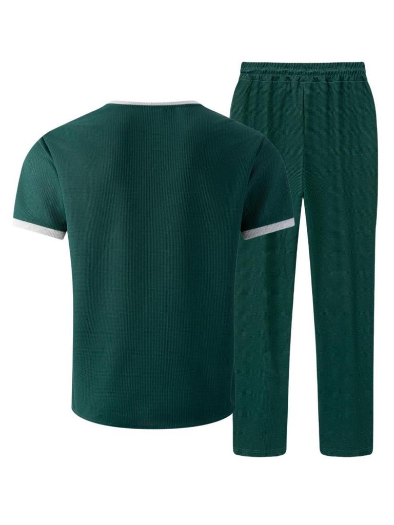 V-neck Waffle Short-Sleeve T-shirt & Long Pants Men's Streetwear Sports Set